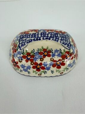 Polish Pottery Red Blue Floral Butter Dish Lid Only 6.5”